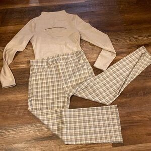 This is a two piece outfit that includes an Express bodysuit and AE plaid pants